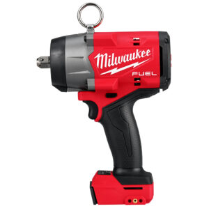 MILWAUKEE M18 FUEL 1/2″ High Torque Impact Wrench side profile view showing pin detent anvil, red housing with FUEL branding, textured black grip, and integrated lanyard ring against white background