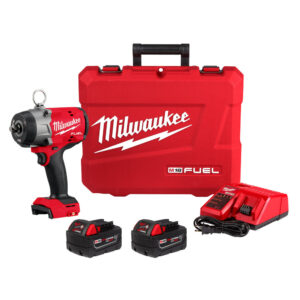 Milwaukee 2966-22 M18 FUEL 1/2-inch High Torque Impact Wrench kit showing pin detent impact wrench with lanyard loop, two M18 REDLITHIUM XC5.0 Resistant batteries, M18 & M12 multi-voltage charger, and red blow molded carrying case.