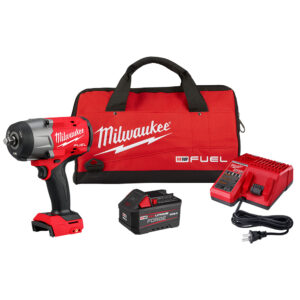 Milwaukee M18 FUEL 1/2″ high torque impact wrench with friction ring, REDLITHIUM FORGE XC6.0 battery, M18/M12 rapid charger, and red contractor bag displayed on white background.