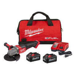 Milwaukee M18 FUEL braking grinder kit laid out on white background with 4-1/2 to 6 inch paddle switch angle grinder, two M18 REDLITHIUM HIGH OUTPUT XC6.0 batteries, rapid charger with cord, and red Milwaukee M18 FUEL soft carrying bag visible
