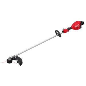 Milwaukee M18 FUEL 17-inch dual battery string trimmer shown in a right-side profile with a straight aluminum shaft, loop handle, Easy Load trimmer head with debris guard, and no batteries installed.
