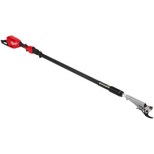 Milwaukee M18 Brushless Telescoping Pole Pruning Shears shown on a white background in a full-length side profile, featuring the telescoping shaft, rear handle with battery mount, adjustment collar, and bypass pruning head