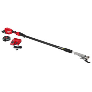 Milwaukee M18 Brushless Telescoping Pole Pruning Shears Kit shown on a white background, including the pole pruning shears, M18 REDLITHIUM battery, and M18 and M12 multi-voltage charger, highlighting the telescoping shaft and bypass cutting head