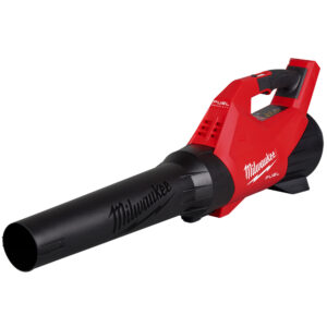Red Milwaukee M18 FUEL cordless handheld blower isolated on white background, black blower tube with Milwaukee logo, battery slot visible at rear, front left angled view