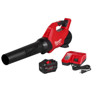 MILWAUKEE M18 FUEL blower kit showing handheld blower with nozzle installed, REDLITHIUM FORGE HD12.0 battery, and M18 M12 rapid charger arranged on white background