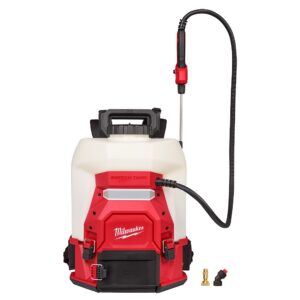 Milwaukee M18 4 gallon backpack sprayer with SWITCH TANK, white tank and red power base, black padded harness, hose and spray wand attached, brass and plastic nozzle tips shown in front on white background