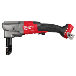 Milwaukee M18 FUEL 10-gauge cordless nibbler bare tool, side profile showing angled cutting head, rubberized grip, and ONE-KEY battery interface without battery installed.