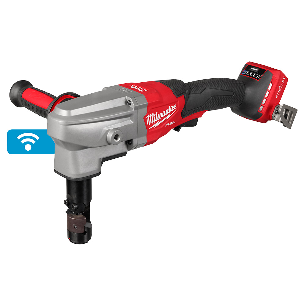 Milwaukee M18 FUEL 10-gauge cordless nibbler bare tool shown in side profile with cutting head installed, ONE-KEY icon visible, and rear battery interface exposed on a white background.