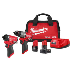 Milwaukee M12 FUEL 2-tool combo kit displayed with hammer drill, hex impact driver, CP2.0 battery, XC4.0 battery, M12 charger, and red Milwaukee contractor bag on white background