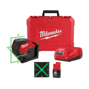 Milwaukee M12 Green Cross Line & Plumb Points Laser kit with red hard carrying case, green cross line laser projecting vertical and horizontal beams, magnetic bracket attached, M12 charger, M12 REDLITHIUM CP3.0 battery, and laser target card displayed on white background