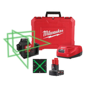 MILWAUKEE M12 Green 360° 3-Plane Laser kit with laser projecting horizontal and vertical green lines, red hard carrying case, M12 charger, XC4.0 battery, and laser alignment target on white background.