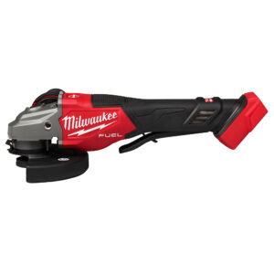 Side profile of the MILWAUKEE M18 FUEL 4-1/2″–6″ Braking Grinder (3670-20) with paddle switch, showing the metal gear housing, rubber overmold grip, and battery interface, isolated on a white background.