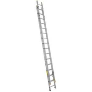Featherlite aluminum extension ladder fully extended, shown upright on a white background with box beam rails, D-shaped rungs, rung locks, rope and pulley, and slip-resistant feet.