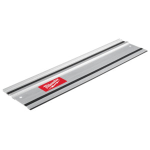 Angled view of a MILWAUKEE 31 in. aluminum guide rail showing anti-splinter strip, non-slip grip strips, and red Milwaukee logo on a white background.