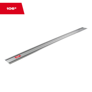 Milwaukee 106-inch aluminum guide rail shown on a white background, featuring a long extruded rail with black anti-slip strips, a red Milwaukee logo near one end, and a red “106"” length label in the upper left corner.