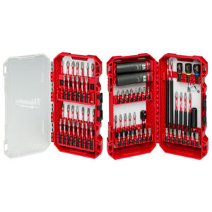 48-32-5128 MILWAUKEE SHOCKWAVE™ 70PC Impact Duty Driver Bit Set with PACKOUT™ product image showing open organizer case with driver bits, nut drivers, magnetic bit holders, socket adapters, and impact sockets.