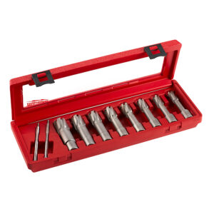Milwaukee 8 piece TCT annular cutter kit in red storage case showing multiple cutter sizes and two pilot pins arranged in molded tray on white background
