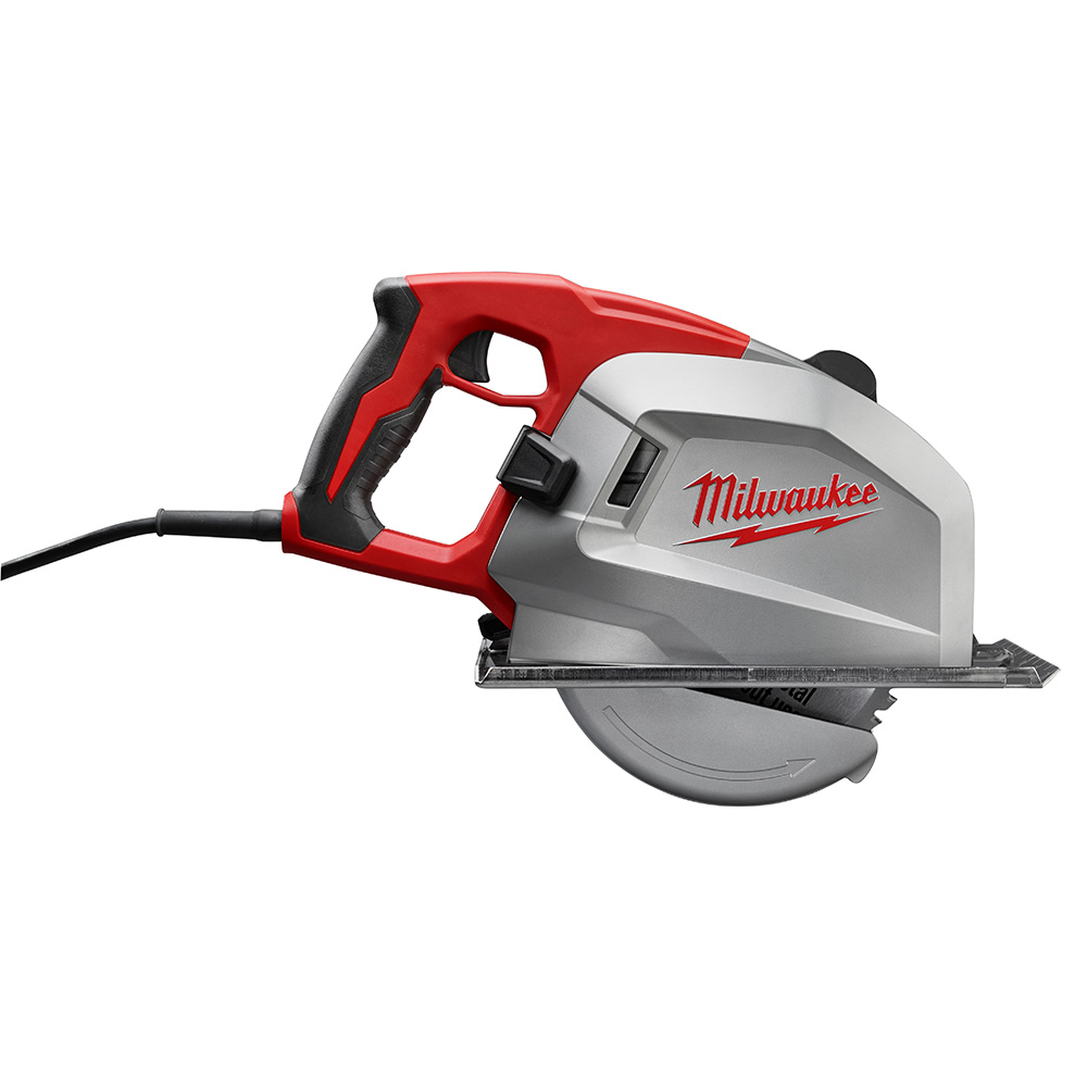 Milwaukee 8 inch metal cutting circular saw right side view on white background with red and black handle, silver blade guard, visible blade, and attached power cord