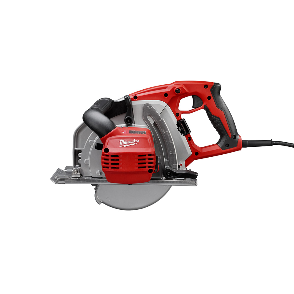 Milwaukee 8 inch metal cutting circular saw left side view on white background showing red motor housing, black front handle, silver blade guard, metal base plate, and attached power cord