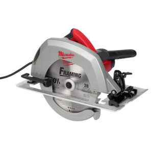 MILWAUKEE 6470-21 10-1/4 inch circular saw, right front angle view on white background, showing 10-1/4 inch framing blade, aluminum shoe, front assist handle, and corded power cable.