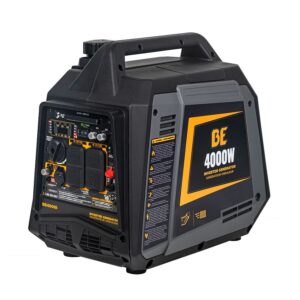 BE4000I BE 4,000 watt digital inverter generator with integrated carry handle, front control panel, multiple 120V outlets, and enclosed sound-dampening housing shown on a white background.