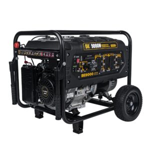 BE9000 9000W portable gasoline generator with 389cc engine, steel roll cage, control panel with multiple 120V and 240V outlets, and wheeled frame on white background