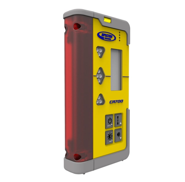 Angled front-left view of the SPECTRA Precision CR700 laser receiver showing the light reception window, LED direction indicators, digital grade display, control buttons, and rugged protective housing on a white background.