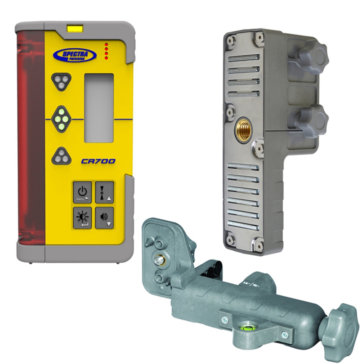 Spectra Precision CR700 laser receiver with front display, rear mounting surface, and included combination machine and grade rod mount shown on a white background.
