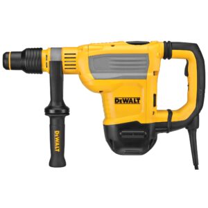 Side view of the DEWALT D25614K 1-3/4-inch SDS Max combination rotary hammer, showing the corded design with a D-handle rear grip, auxiliary side handle, SDS Max chuck, and yellow-and-black housing on a white background.