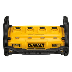 front view DEWALT portable power station showing four battery ports, roll cage handles, and front control panel with 1800W continuous and 3600W peak watt labels