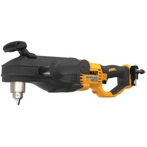 DEWALT 60V MAX FLEXVOLT in-line stud and joist drill side view showing large right-angle head, auxiliary handle, rear handle, and chuck without battery attached