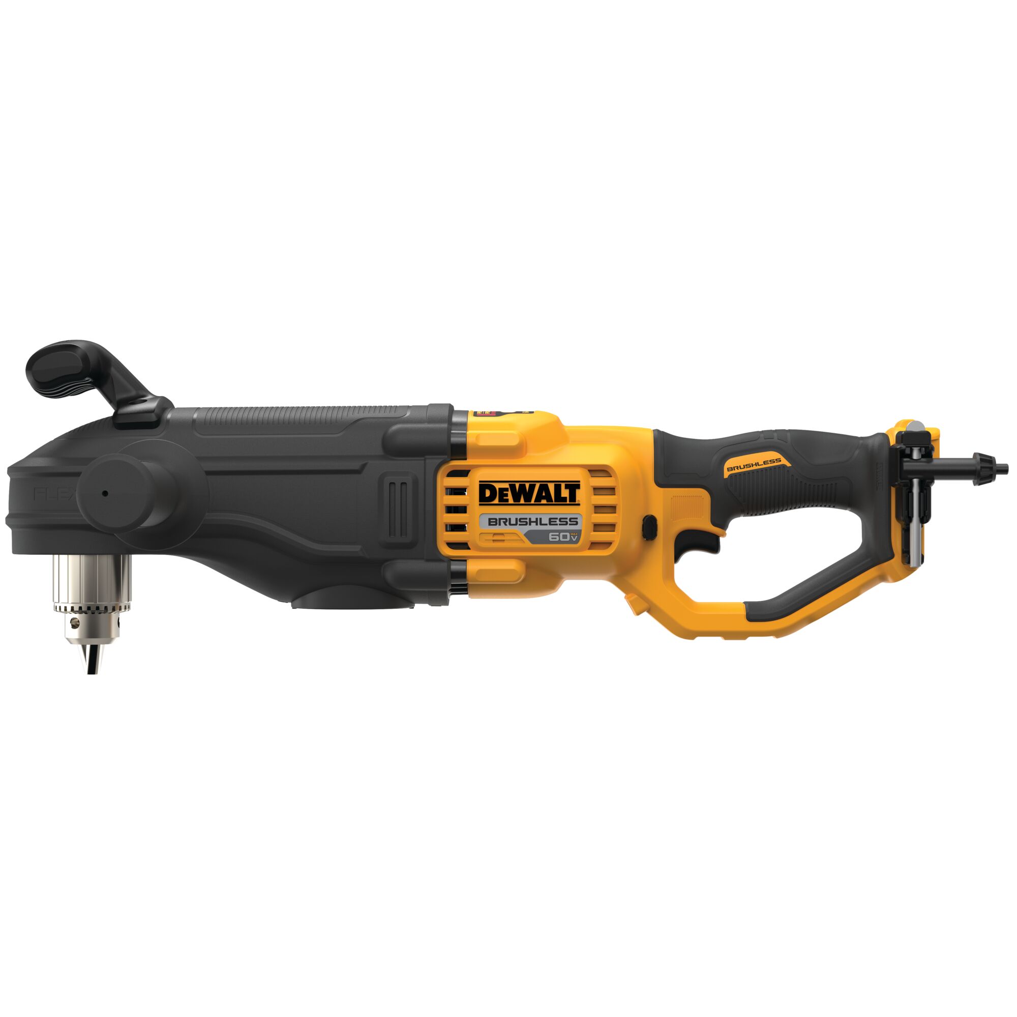 DEWALT 60V MAX FLEXVOLT in-line stud and joist drill profile view showing right-angle head, top handle, auxiliary handle, rear handle, and chuck without battery attached