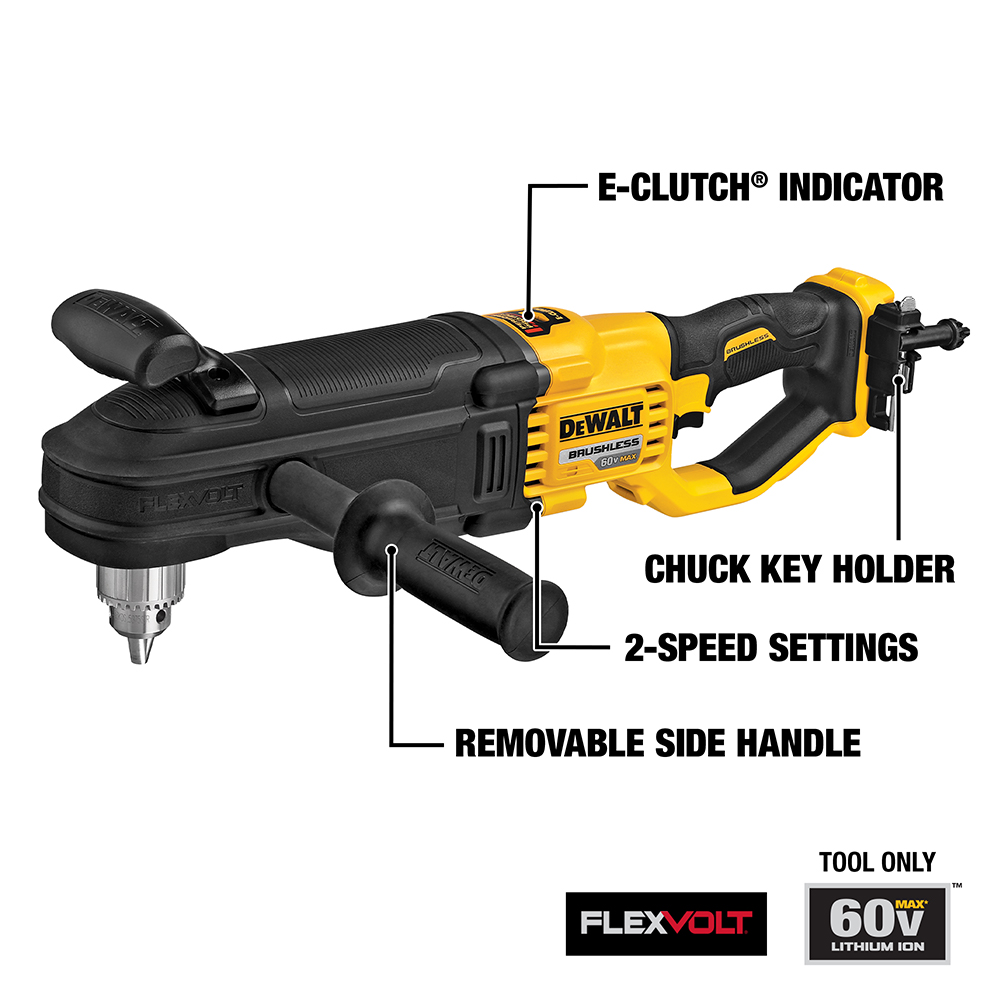DEWALT 60V MAX FLEXVOLT in-line stud and joist drill with labeled callouts showing E-Clutch indicator, removable side handle, 2-speed settings, chuck key holder, and FLEXVOLT 60V Lithium Ion tool-only badges on white background