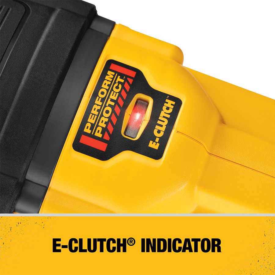 DEWALT 60V MAX FLEXVOLT stud and joist drill close-up showing Perform & Protect E-Clutch indicator window with red LED on yellow housing and on-image text “E-Clutch Indicator”