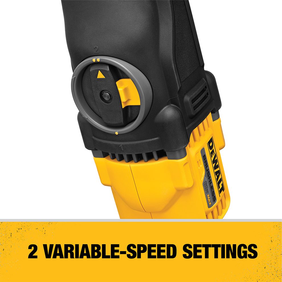 DEWALT 60V MAX FLEXVOLT stud and joist drill close-up of speed selector dial with numbered settings on yellow housing and on-image text “2 Variable-Speed Settings”