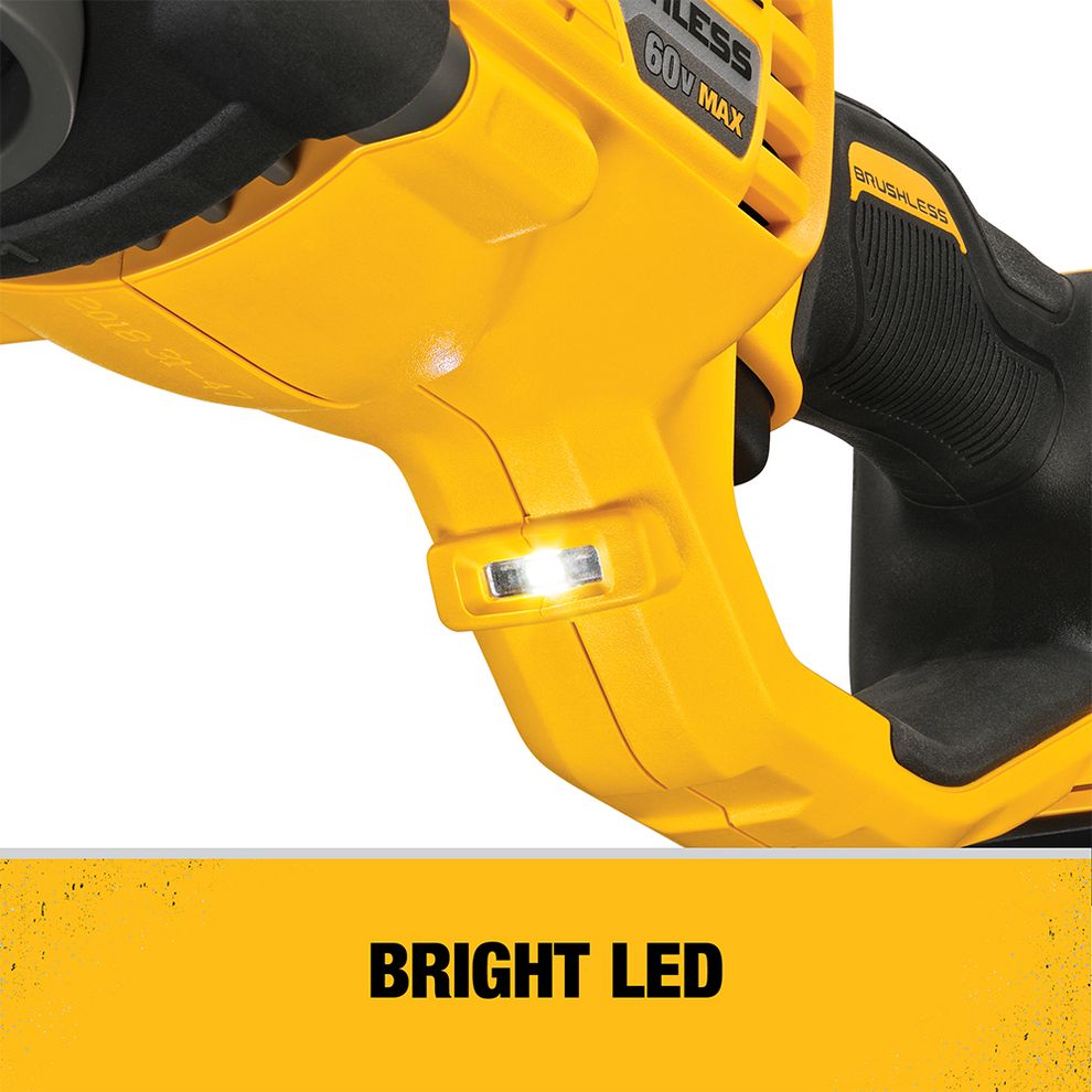 DEWALT 60V MAX FLEXVOLT stud and joist drill handle close-up showing integrated LED work light illuminated with on-image text “Bright LED”