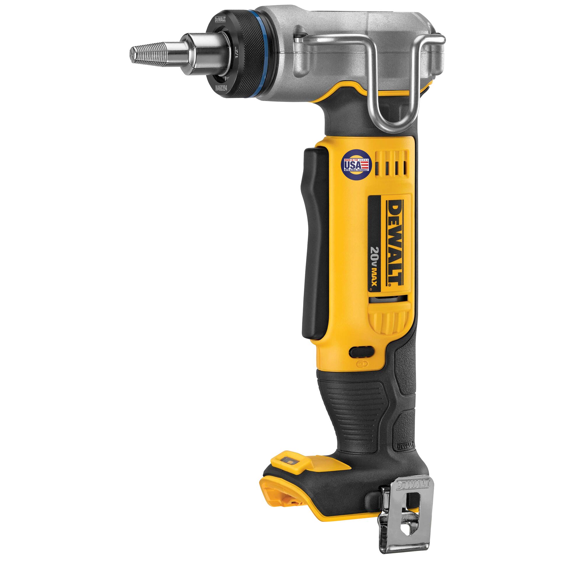 DEWALT 20V MAX cordless PEX expander tool with metal expansion head, belt hook, ergonomic rubber grip, and compact right-angle body on white background.