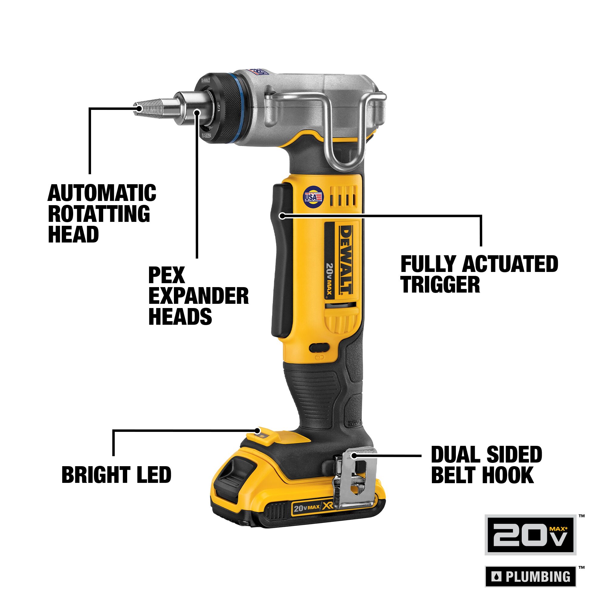 Annotated DEWALT 20V MAX cordless PEX expander showing automatic rotating head, interchangeable PEX expander heads, fully actuated trigger, bright LED light, and dual-sided belt hook on white background.