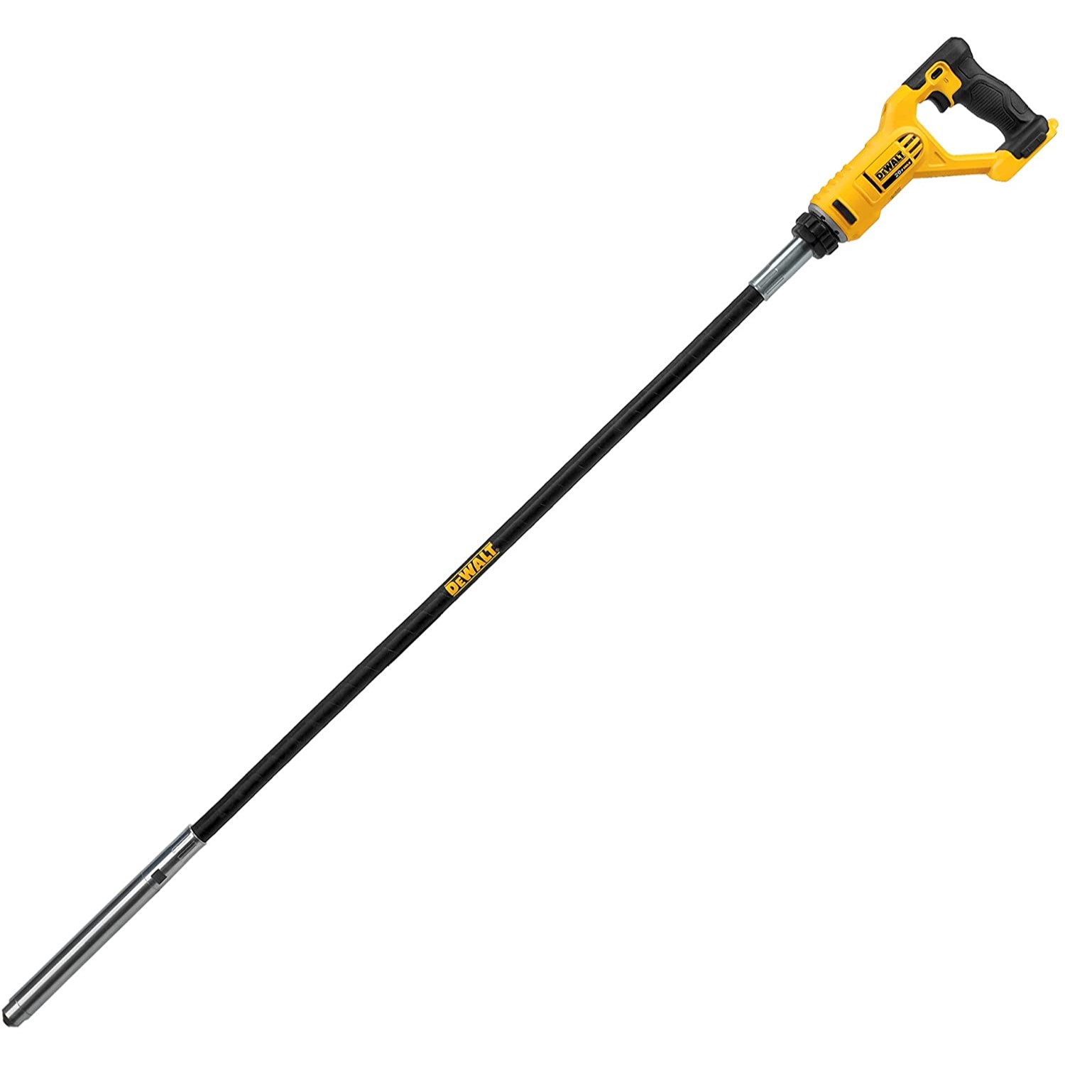 Yellow DEWALT cordless concrete pencil vibrator with black 4-ft flexible shaft and metal vibrating head isolated on white background, side view showing handle and shaft assembly