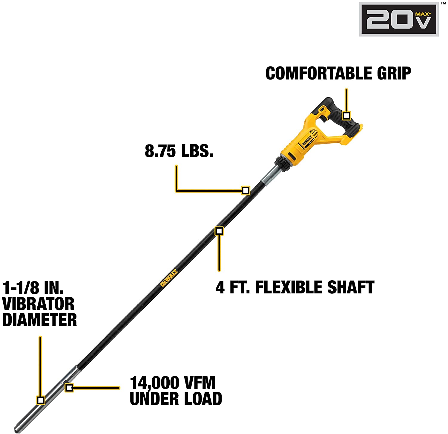 DEWALT cordless concrete pencil vibrator infographic showing tool on white background with callouts for comfortable grip, 4 ft flexible shaft, 1-1/8 in vibrator diameter, 8.75 lbs weight, and “14,000 VPM under load” with 20V MAX logo visible
