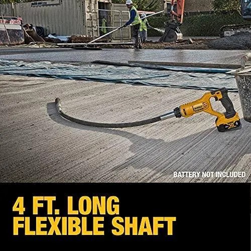 DEWALT cordless concrete pencil vibrator resting on finished concrete slab with flexible shaft extended, workers placing concrete in background, on-image text reads “4 ft long flexible shaft” and “Battery not included”
