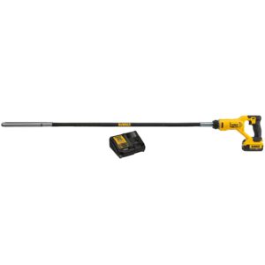 DEWALT 20V MAX pencil vibrator kit shown side view with long flexible shaft, 1-1/8″ vibrator head, cordless handle with battery installed, and charger placed beside the tool on white background