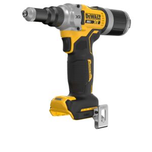 DEWALT DCF414B 20V MAX XR brushless cordless rivet tool shown in a left-side profile view, with the rivet nose pointing left, XR brushless motor housing and DEWALT branding visible, ergonomic rubber grip, and belt hook, isolated on a white background.