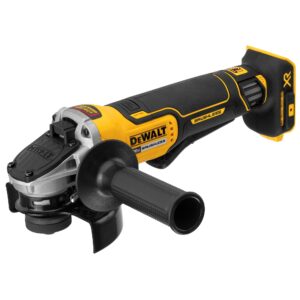 DEWALT DCG413B 20V MAX XR 4.5" Paddle Switch Angle Grinder front left top view showing brushless motor housing, side handle, type 27 guard, and battery slot, isolated on white background