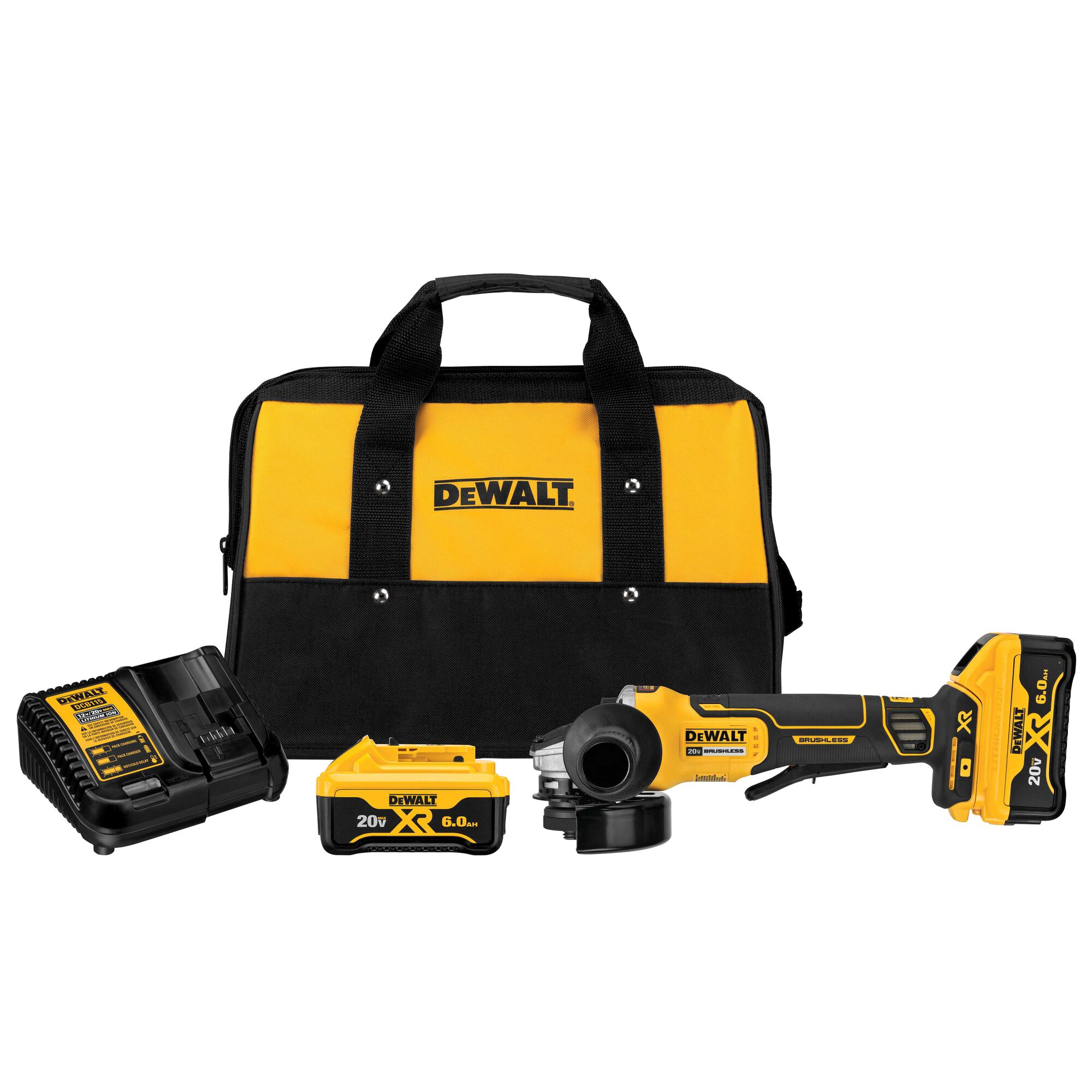 DEWALT 20V MAX XR 4.5″ paddle switch angle grinder kit with yellow and black tool bag, DCB115 charger, two 6.0Ah 20V XR batteries, and brushless small angle grinder with guard and side handle, isolated on white background.
