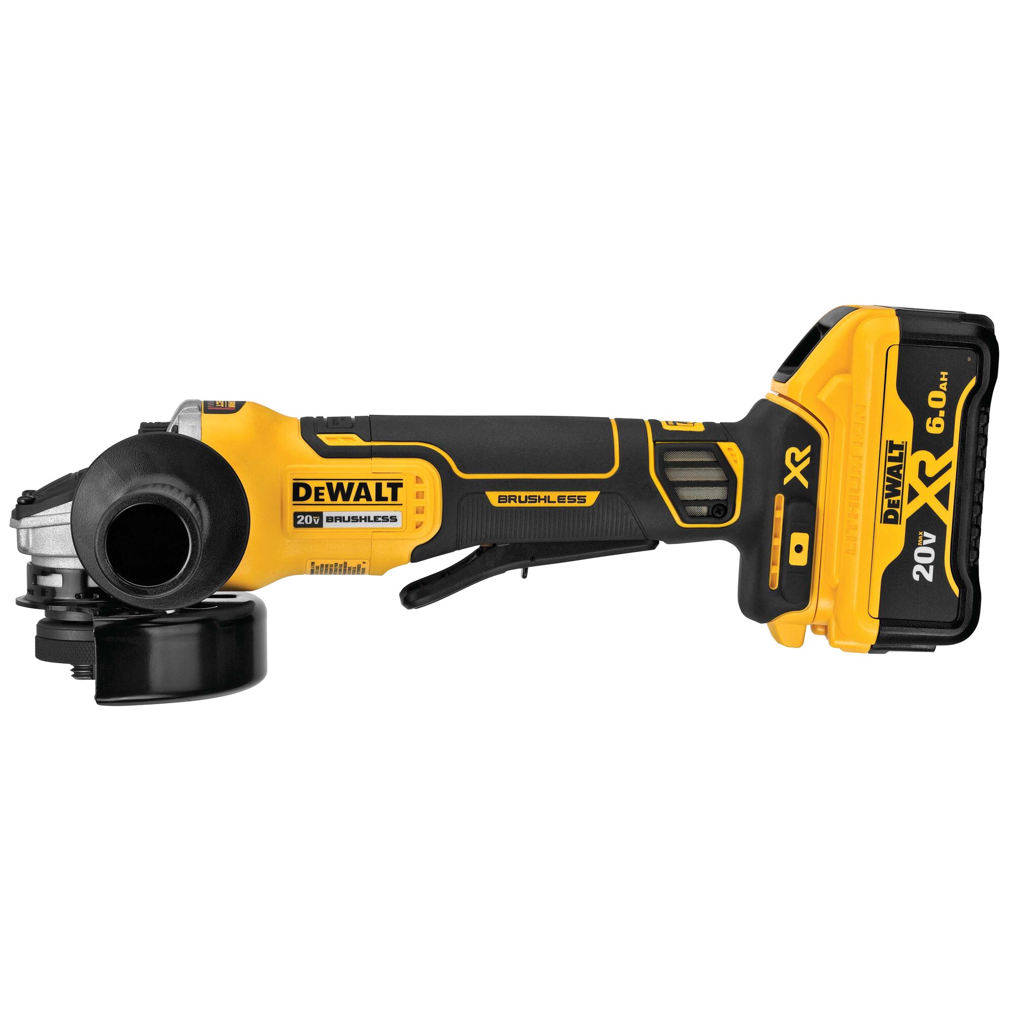 DEWALT 20V MAX XR 4.5″ paddle switch small angle grinder in side profile with 6.0Ah XR battery installed, showing brushless motor housing, paddle trigger, adjustable guard, and side handle, isolated on white background.