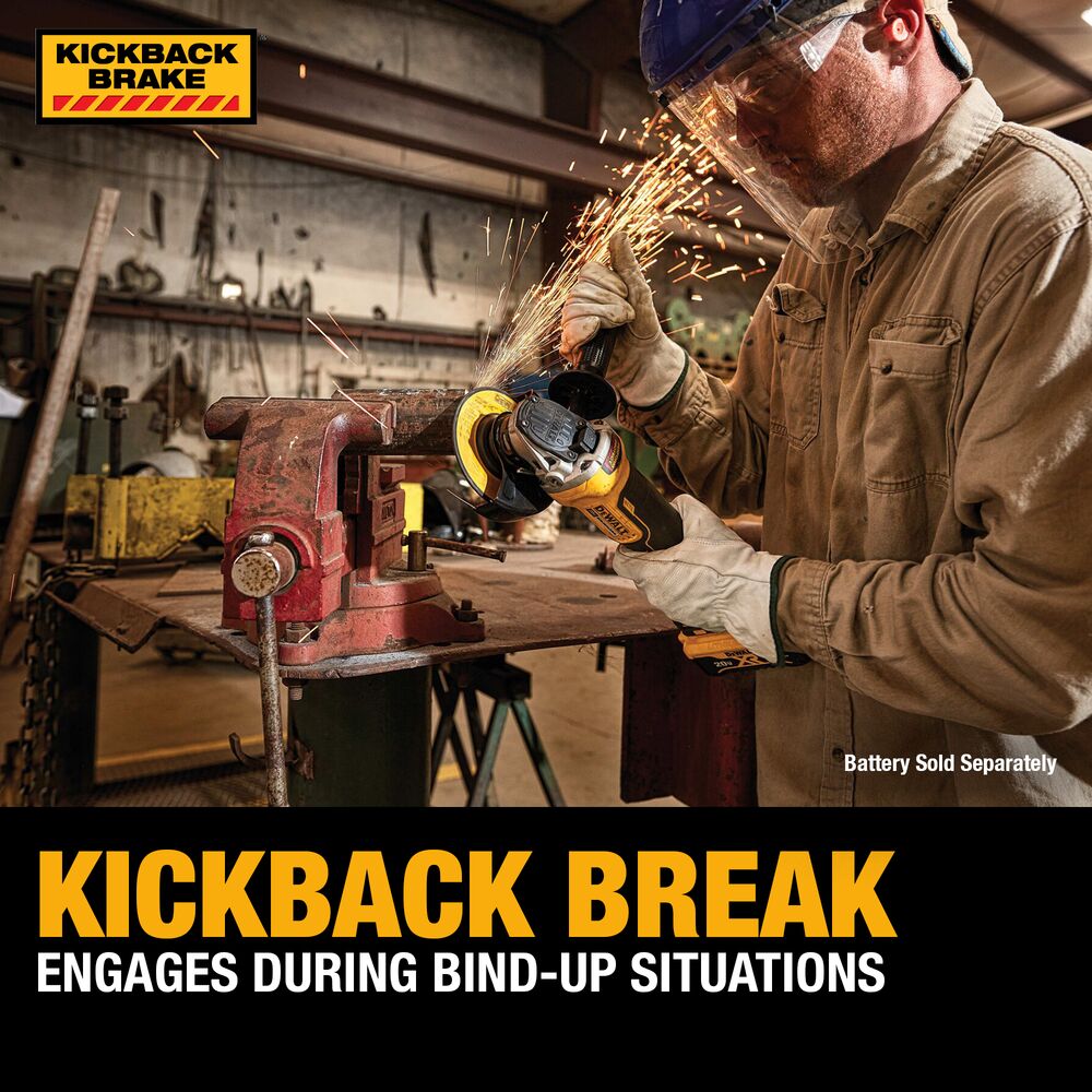 DEWALT 20V MAX XR angle grinder cutting metal in a bench vise with sparks flying, operator wearing gloves and face shield, and on-image text reading “Kickback Brake Engages During Bind-Up Situations” and “Battery Sold Separately.”