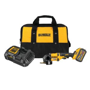 DEWALT DCG418X1 60V MAX FLEXVOLT cordless 4-1/2 in. to 6 in. angle grinder kit with 9Ah battery, fast charger, and black/yellow soft kit bag, front view isolated on white background.