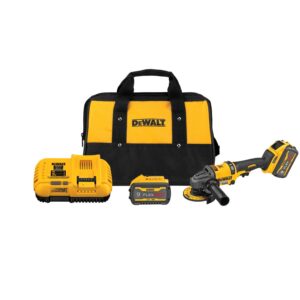 DEWALT DCG418X2 60V MAX 4-1/2"–6" cordless grinder kit with two 9Ah FLEXVOLT batteries, fast charger, side handle installed, grinding guard, and black and yellow DEWALT kit bag on white background.