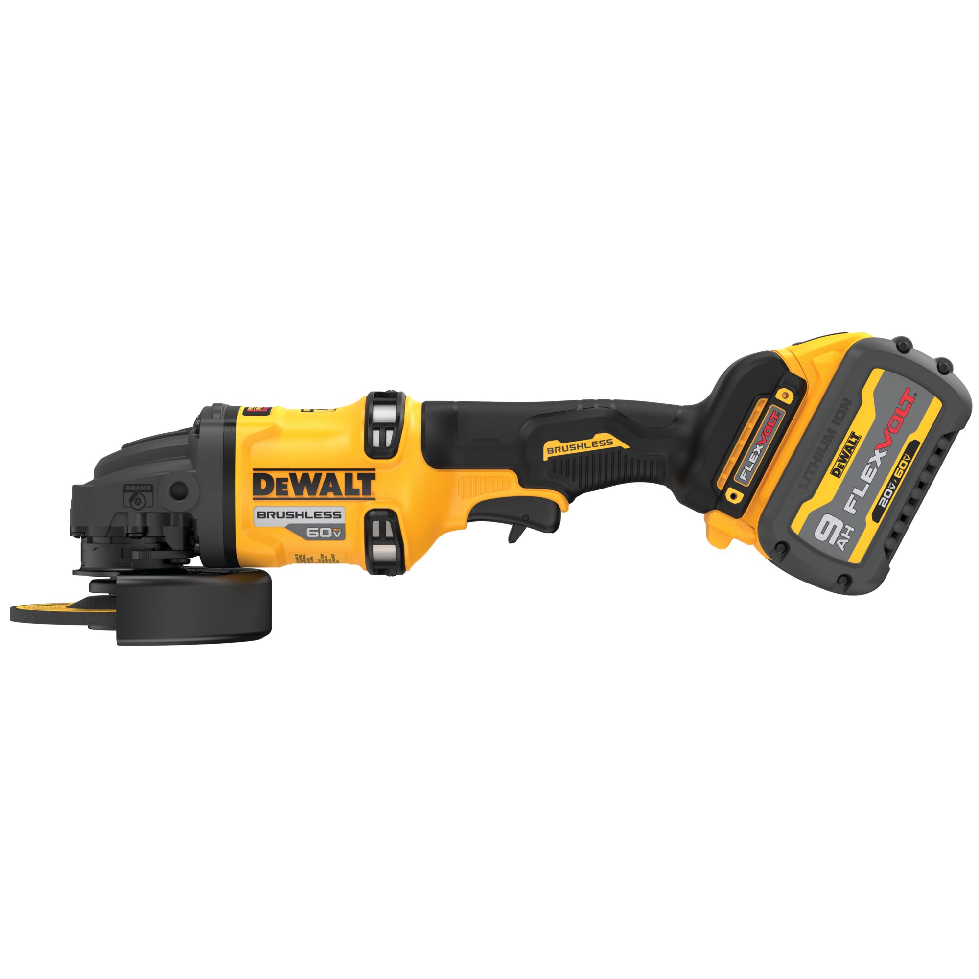 DEWALT DCG418 60V MAX brushless 4-1/2"–6" cordless angle grinder, left side profile view with FLEXVOLT 9Ah battery installed and grinding guard attached, on white background.